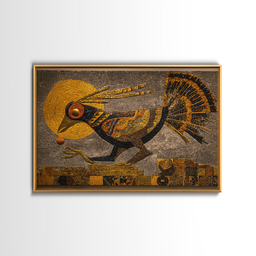 Golden Tribal Bird With Sun Wall Art, African Inspired Mosaic Canvas, Afrocentric Decor, Ethnic Pattern, Luxury Home Decor Gift