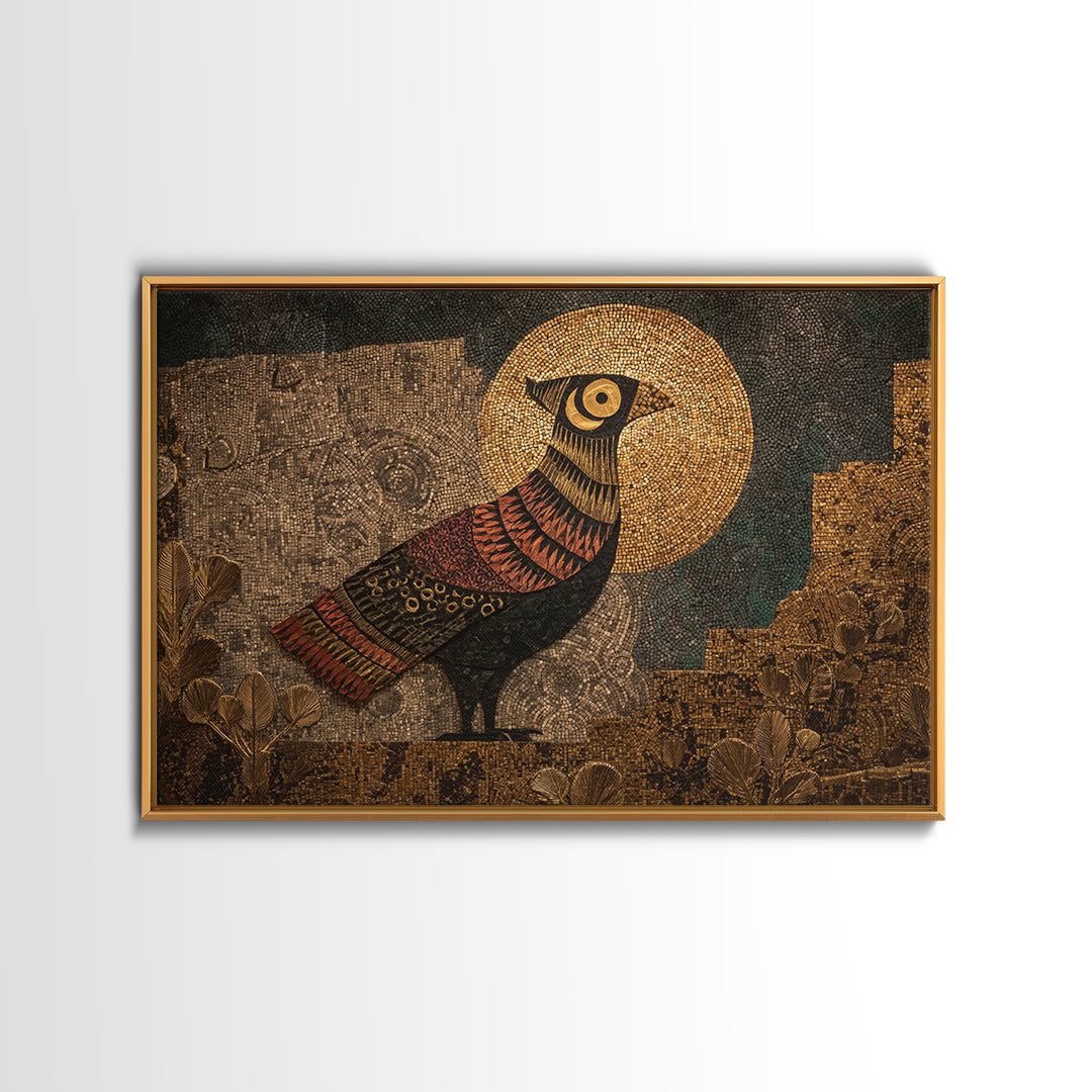 Halo Bird In Ancient Garden Wall Art, African Inspired Print, Gold Mosaic Texture, Boho Wall Decor, Ethnic Home Decor Gift