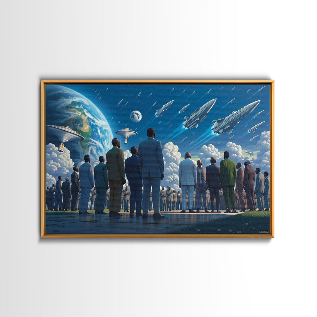 Afrofuturist Crowd Watching Spaceships Wall Art, Black Culture Art, Sci Fi African Inspired Canvas, Modern Statement Decor
