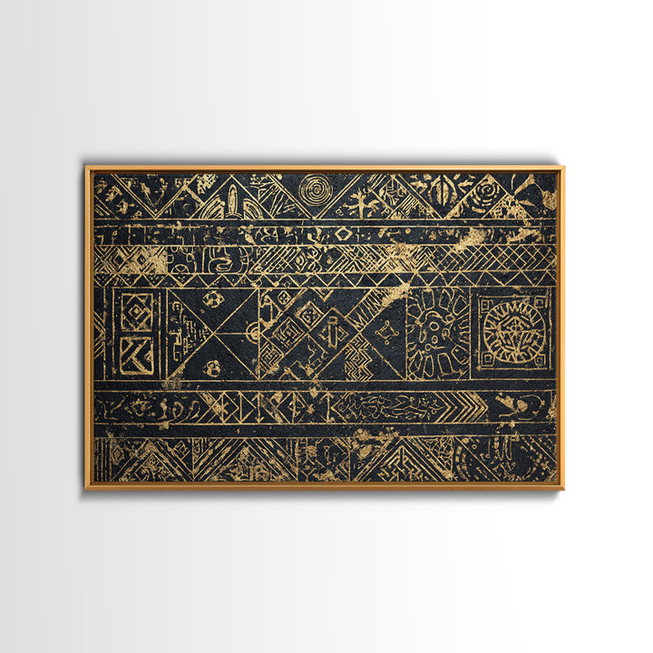 Black Gold Tribal Pattern Wall Art, African Abstract Geometric Canvas Print, Kuba Inspired Textile Art, Ethnic Wall Decor