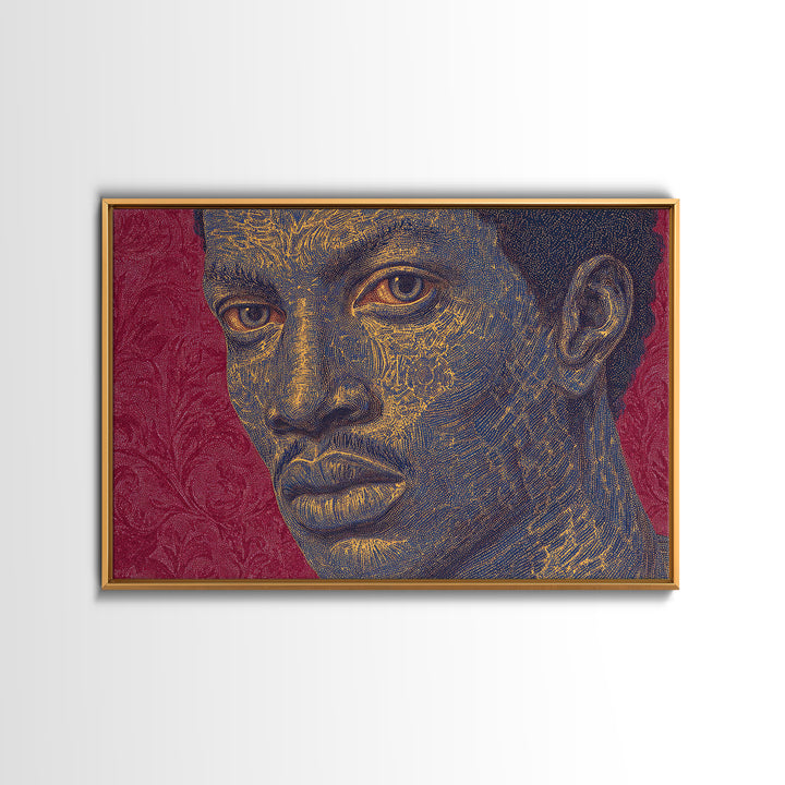 Gold Line Black Man Portrait Wall Art, African American Art, Modern Portrait Art, Magenta Background, Bold Home Decor Gift