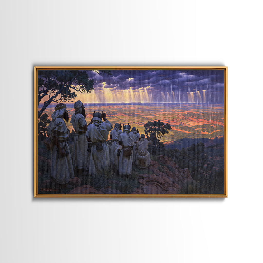 Robed Watchers Over Rainlit Valley Wall Art, African Landscape, Spiritual Wall Decor, Safari Art, Statement Canvas Print