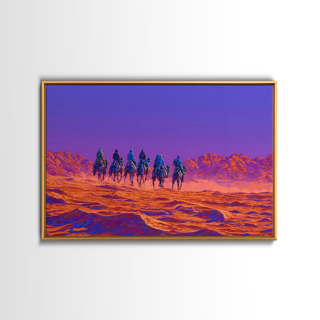Violet Desert Riders Across Neon Dunes Wall Art, African Warrior Art, Vibrant Safari Decor, Modern Canvas Print Gift For Him