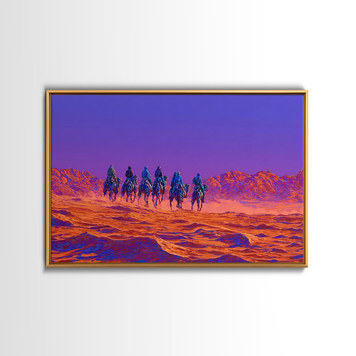 Violet Desert Riders Across Neon Dunes Wall Art, African Warrior Art, Vibrant Safari Decor, Modern Canvas Print Gift For Him