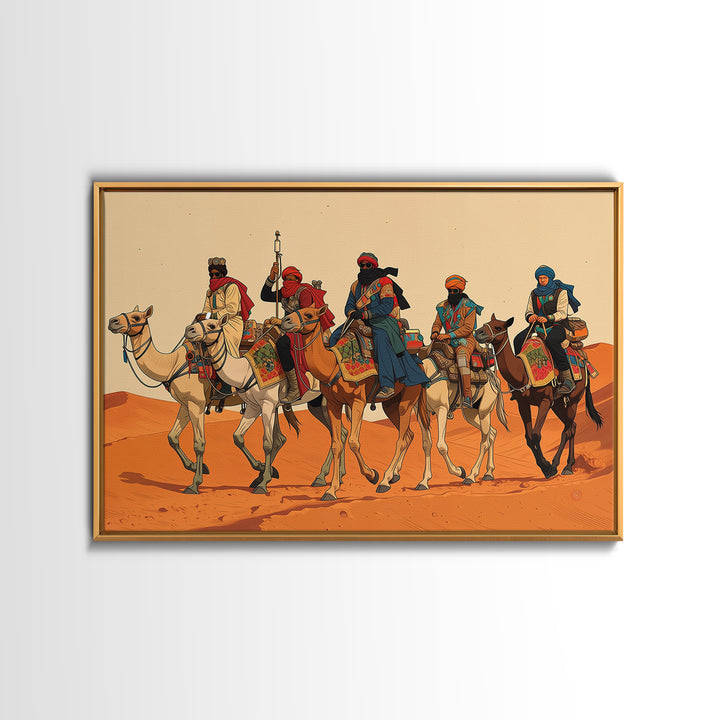 Tuareg Camel Caravan In Sahara Desert Wall Art, African Warrior Art, African Safari Decor, Boho Living Room Canvas Print