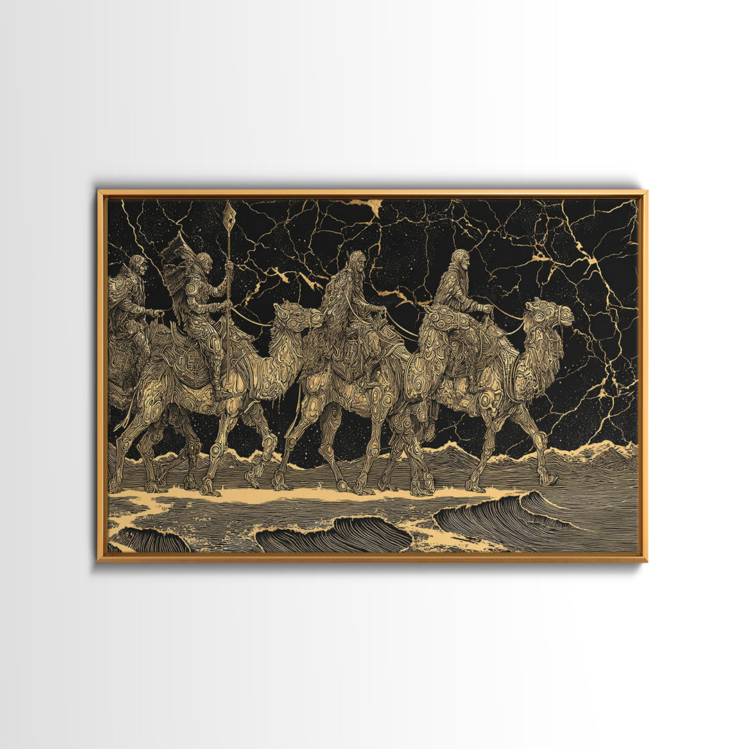 Gold Engraved Camel Caravan On Black Stone Wall Art, African Art Print, Desert Travel Decor, Luxury Canvas Print For Office Decor