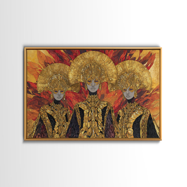 Three Golden African Queens With Leaf Crowns Wall Art, Black Woman Art, Afrocentric Decor, Luxury Framed Canvas Print Gift