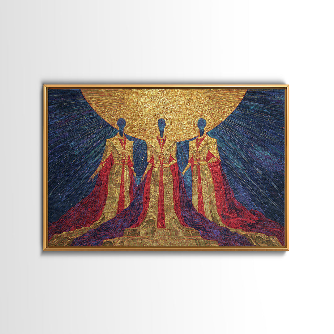 Celestial African Trinity Under Golden Sun Wall Art, Spiritual Afrocentric Art, Black Goddess Decor, Framed Canvas Print