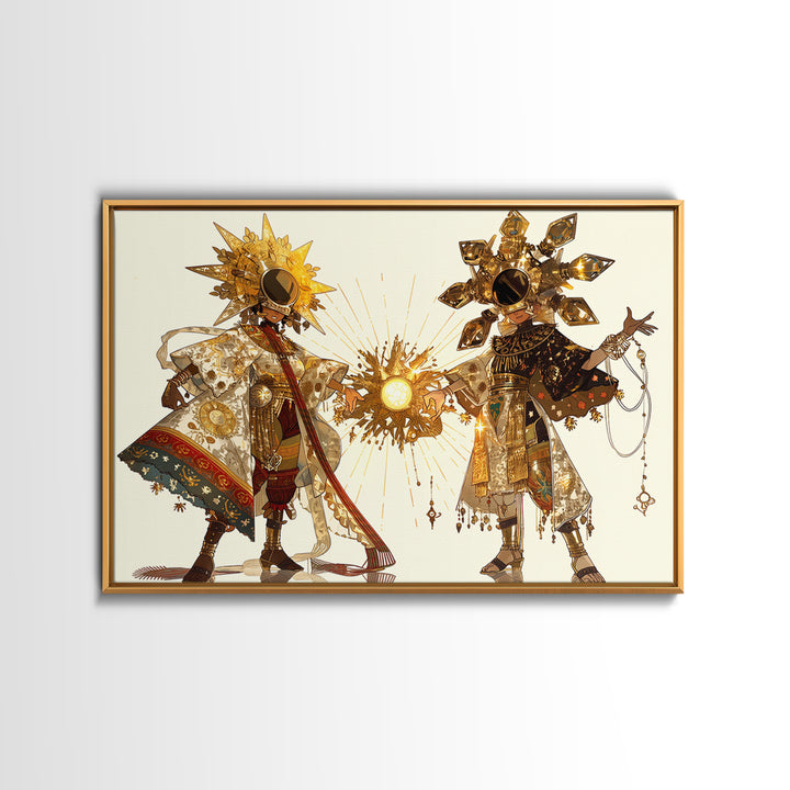 Sun And Moon African Deities In Ornate Gold Costumes Wall Art, Afrocentric Art, Spiritual Decor, Framed Canvas Print Gift