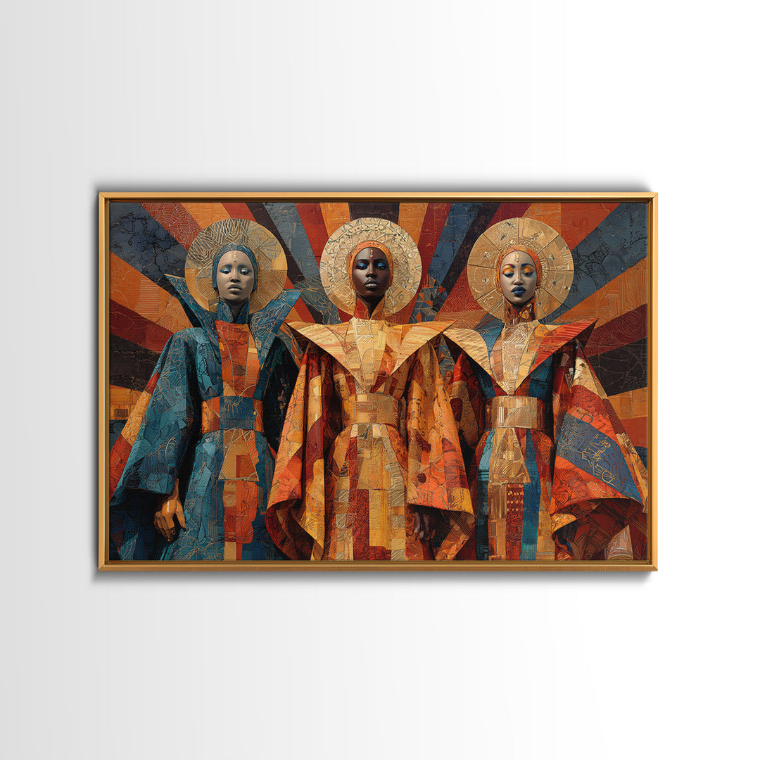 Afrofuturist African Queens In Geometric Robes Wall Art, Modern Black Art, Cultural Home Decor, Framed Canvas Print Gift