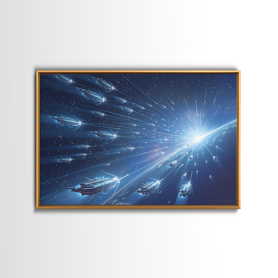 Blue Starship Fleet Racing Toward Sunrise Wall Art, Afrofuturism Decor, Sci Fi Space Art, Modern Canvas Print For Office Decor