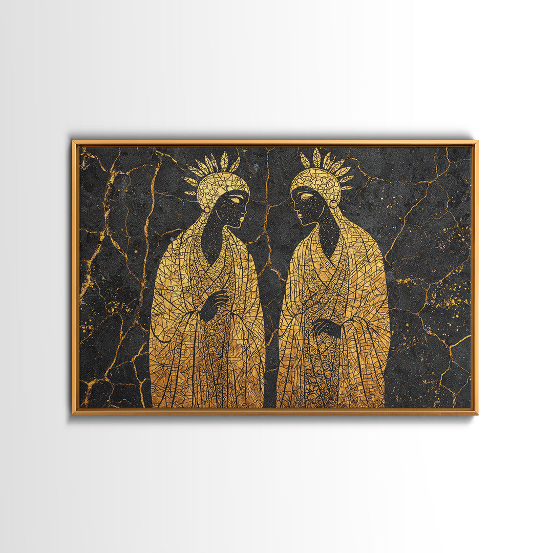 Gold Mosaic Sacred African Figures On Black Stone Wall Art, Spiritual Wall Decor, Black And Gold Art, Framed Canvas Print