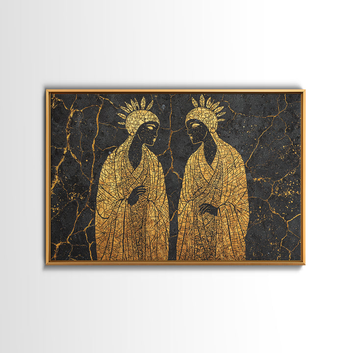 Gold Mosaic Sacred African Figures On Black Stone Wall Art, Spiritual Wall Decor, Black And Gold Art, Framed Canvas Print