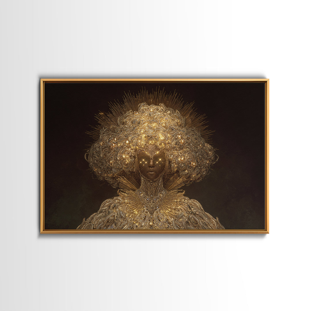 Golden Halo African Queen Portrait, Ornate Black Goddess Wall Art, Afrocentric Decor, Luxury Canvas, Black Beauty Gift Print