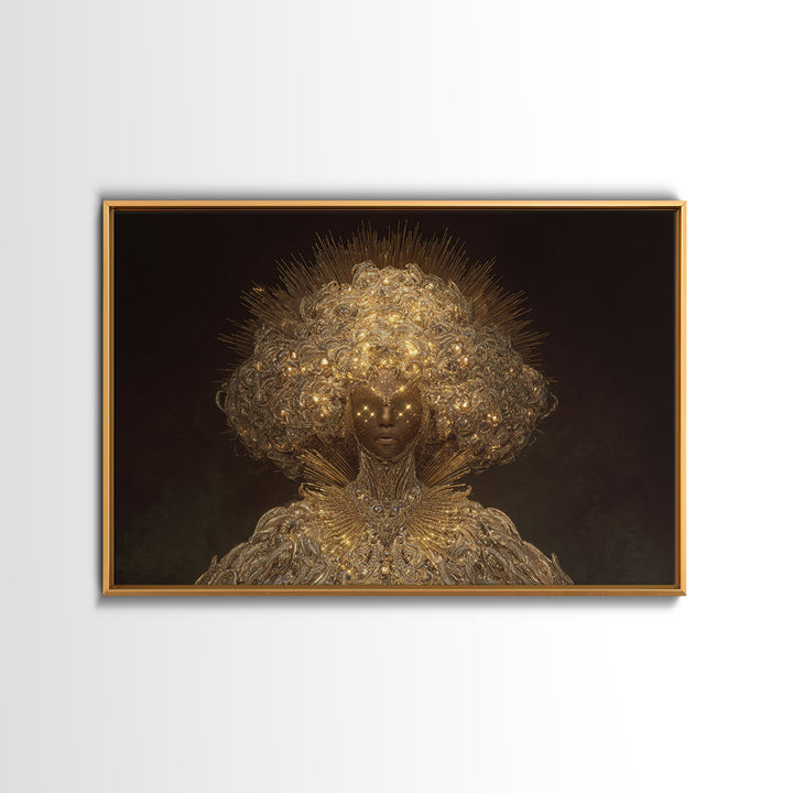 Golden Halo African Queen Portrait, Ornate Black Goddess Wall Art, Afrocentric Decor, Luxury Canvas, Black Beauty Gift Print