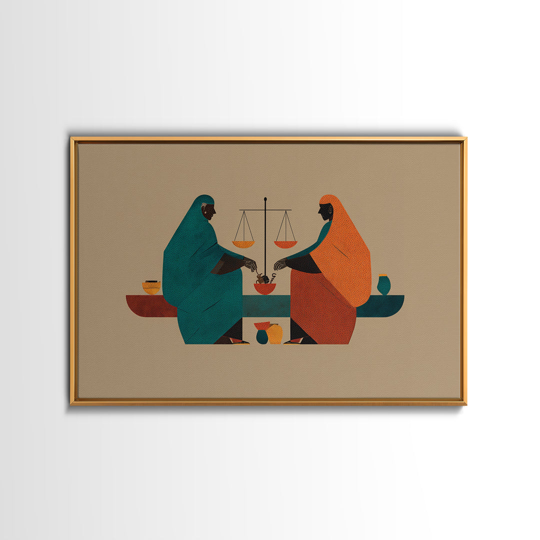 Minimalist African Women Sharing Bowls, Balance Scales Wall Art, Boho Afrocentric Decor, Cultural Canvas Print Gift For Her