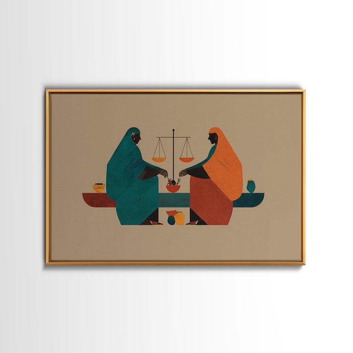 Minimalist African Women Sharing Bowls, Balance Scales Wall Art, Boho Afrocentric Decor, Cultural Canvas Print Gift For Her