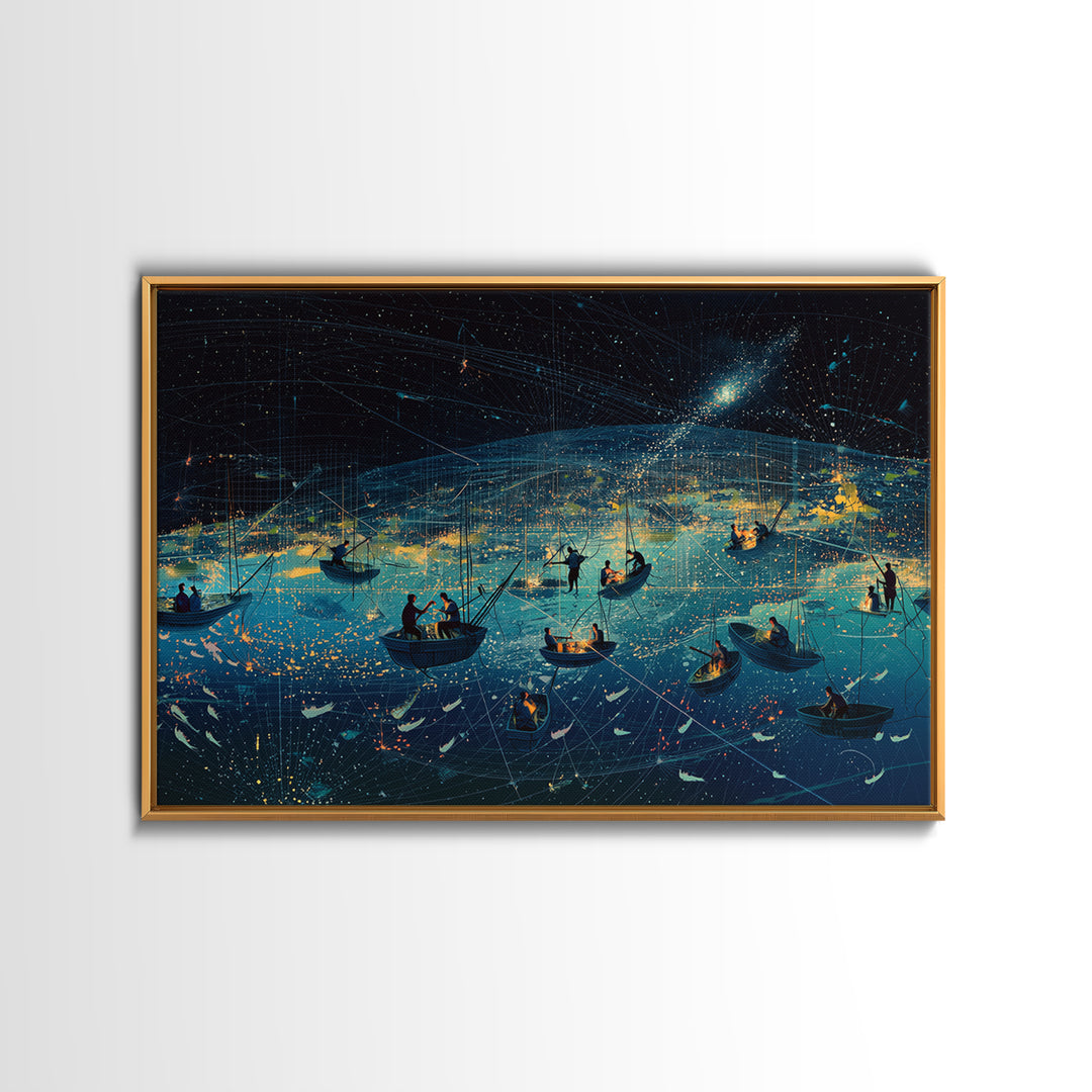 Starry Night African Fishing Boats, Dreamy Ocean Wall Art, Coastal Safari Decor, Framed Canvas Print For Living Room Gift