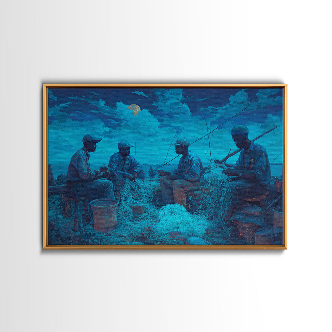 Moonlit African Fishermen Mending Nets, Blue Coastal Wall Art, Afrocentric Painting, Cultural Decor, Fishing Village Print
