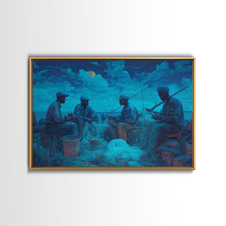 Moonlit African Fishermen Mending Nets, Blue Coastal Wall Art, Afrocentric Painting, Cultural Decor, Fishing Village Print