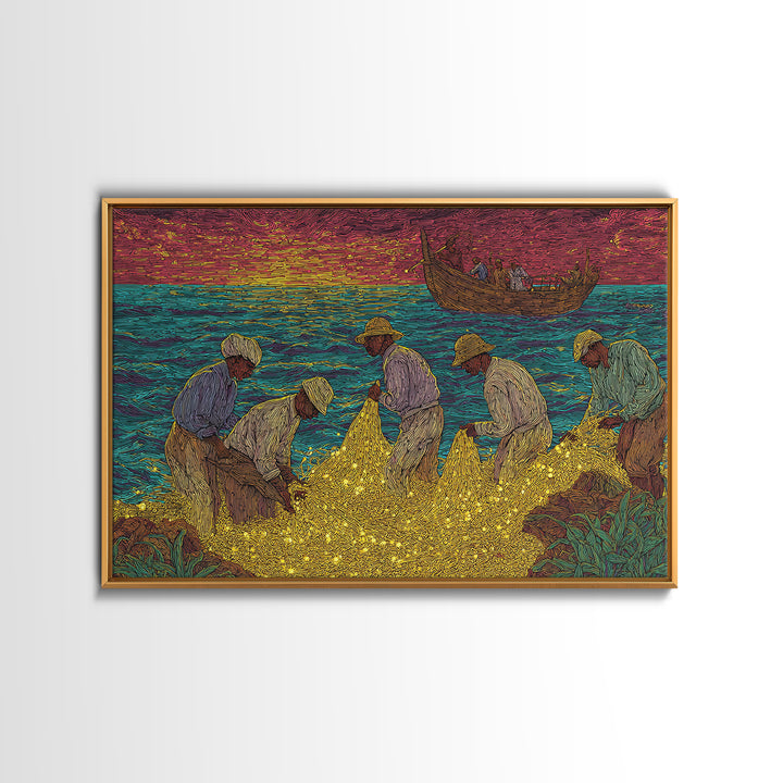 Golden Net Fishermen At Vibrant Sunset, African Wall Art, Coastal Canvas Print, Colorful Cultural Decor, Fishing Village