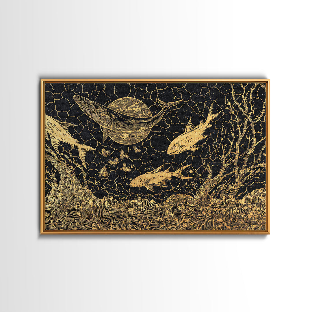 Gold Fish And Whale Underwater Scene, Black And Gold Wall Art, Ocean Canvas Print, Mystical Nature Decor, Unique Gift For Home