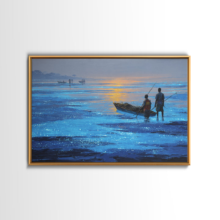 Blue Dawn Fishermen With Boat On Shimmering Water, African Wall Art, Coastal Canvas Print, Serene Living Room Decor Gift