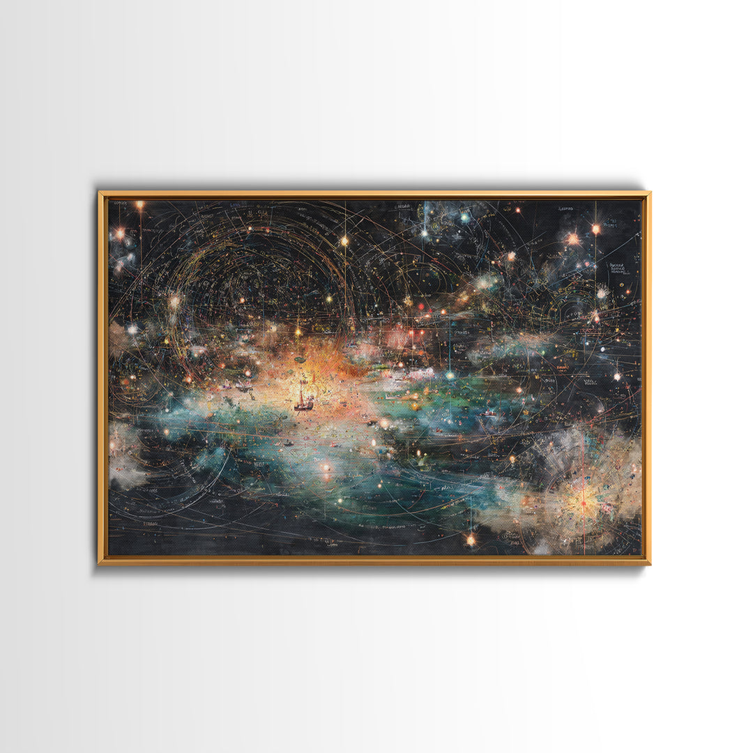 Cosmic Ocean Map With Stars And Light Trails, Abstract Wall Art, Modern Canvas Print, Mystical Office Decor, Galaxy Art Print