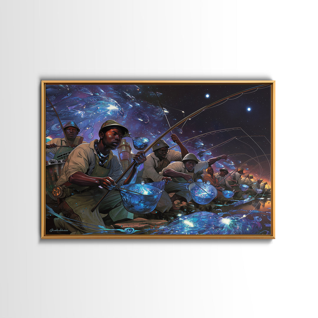 Afrofuturist Fishermen Catching Glowing Fish, Starry Night Canvas Print, African Wall Art, Bold Black Culture Decor Gift
