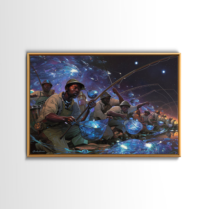 Afrofuturist Fishermen Catching Glowing Fish, Starry Night Canvas Print, African Wall Art, Bold Black Culture Decor Gift