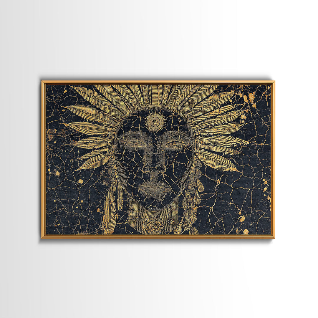 Gold Sun Headdress Tribal Face Portrait, Black And Gold Wall Art, African Mask Canvas Print, Spiritual Cultural Decor Gift