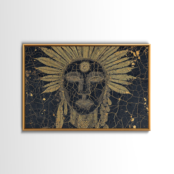 Gold Sun Headdress Tribal Face Portrait, Black And Gold Wall Art, African Mask Canvas Print, Spiritual Cultural Decor Gift