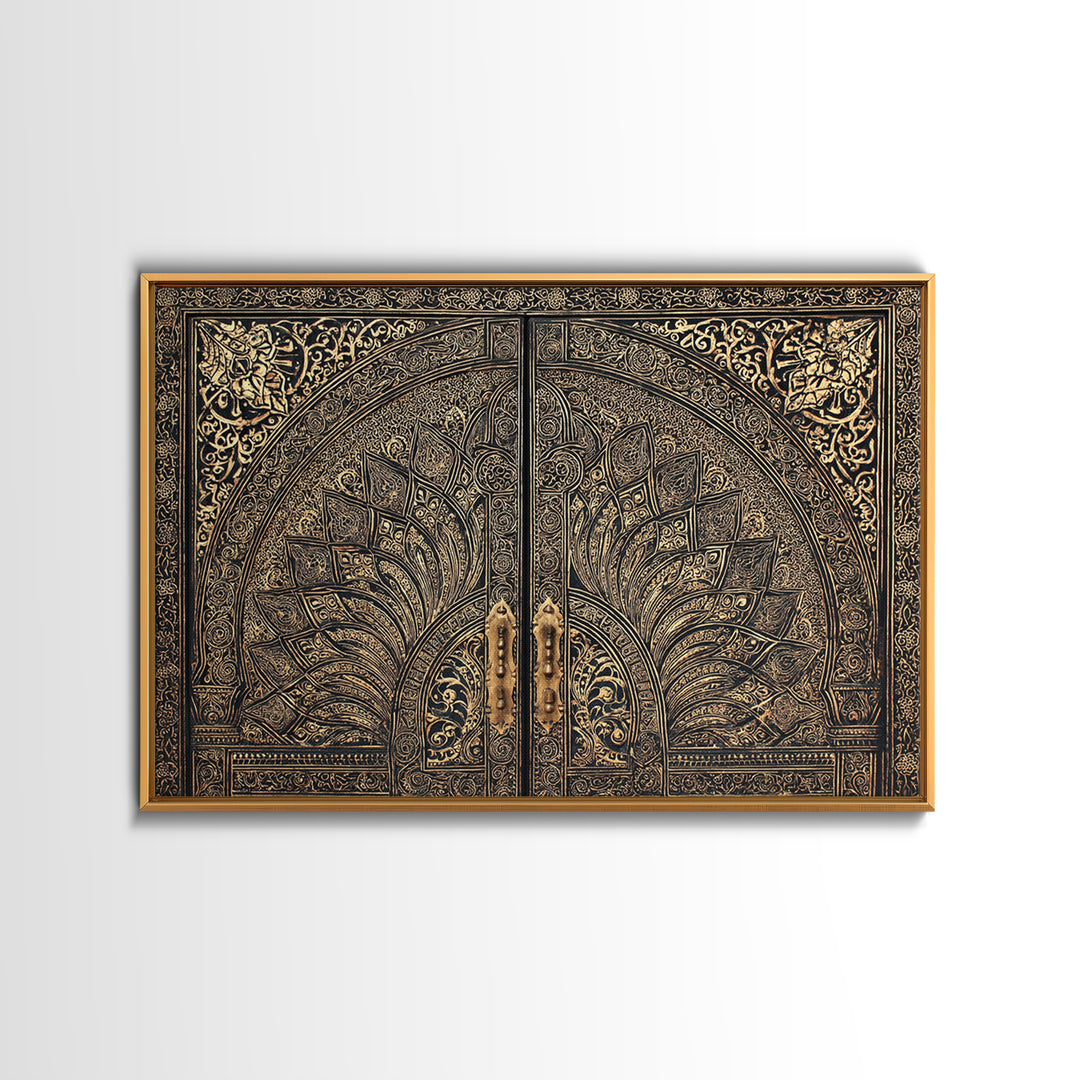 Ornate Black Gold Door Canvas Print, Moroccan Inspired Geometric Pattern Wall Art, Elegant Home Decor, Luxury Art Gift For Office