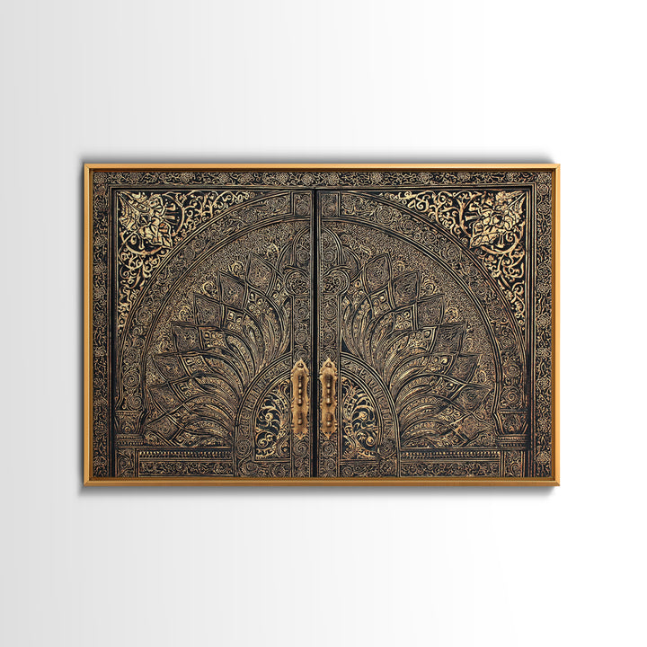 Ornate Black Gold Door Canvas Print, Moroccan Inspired Geometric Pattern Wall Art, Elegant Home Decor, Luxury Art Gift For Office