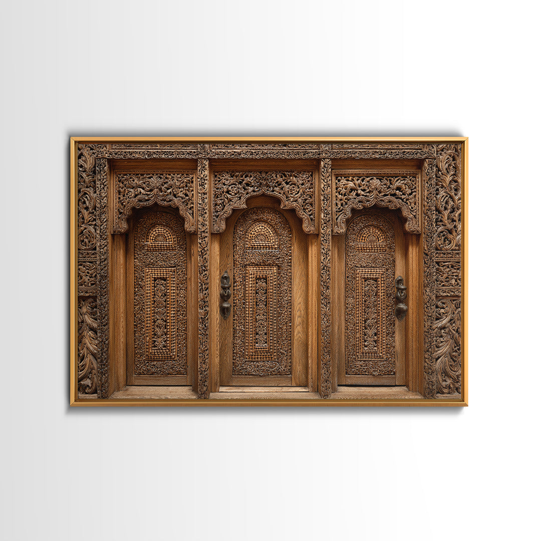 Carved Wooden Temple Doors Wall Art, Ornate African Inspired Architecture Print, Rustic Boho Home Decor, Cultural Gift For Hallway