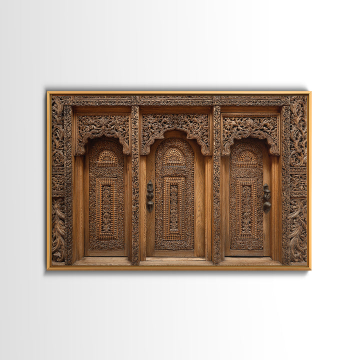 Carved Wooden Temple Doors Wall Art, Ornate African Inspired Architecture Print, Rustic Boho Home Decor, Cultural Gift For Hallway