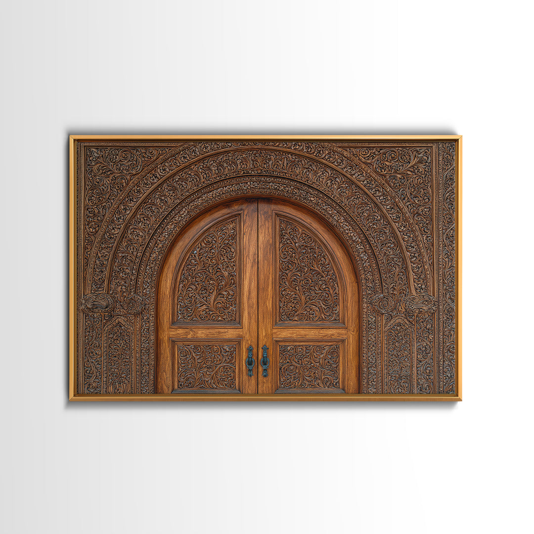 Arched Carved Wood Door Framed Canvas Print, Intricate Moroccan Pattern Wall Art, Rustic Bohemian Home Decor Gift For Living Room