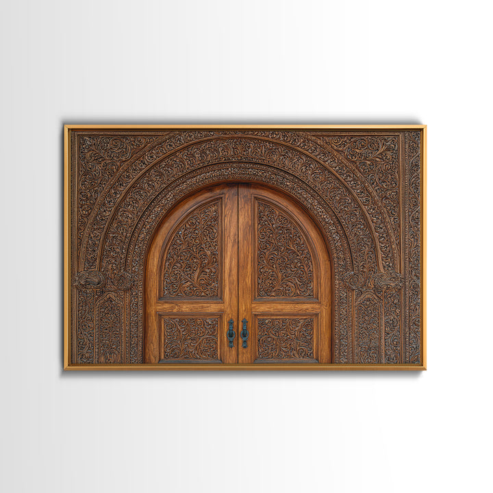 Arched Carved Wood Door Framed Canvas Print, Intricate Moroccan Pattern Wall Art, Rustic Bohemian Home Decor Gift For Living Room
