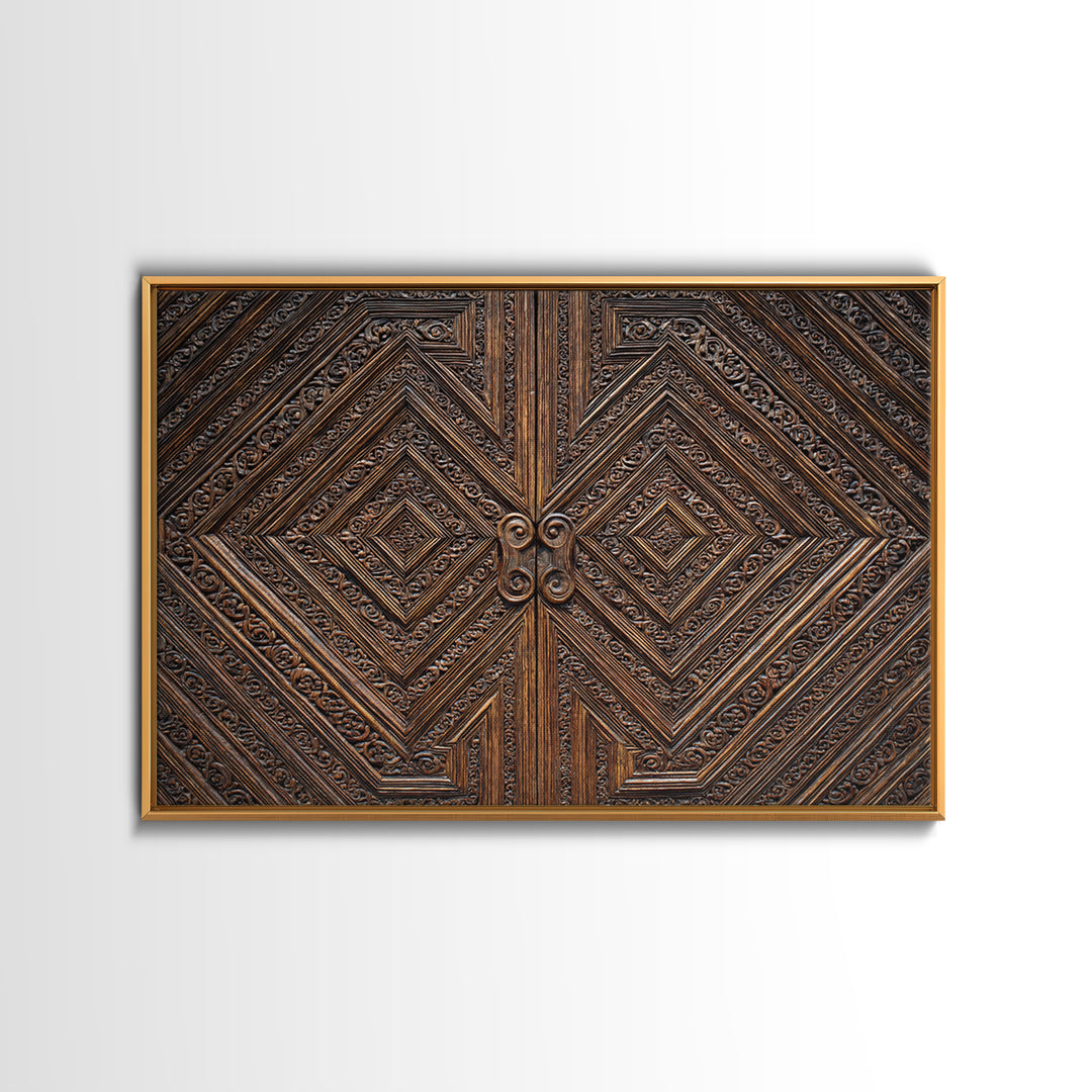 Geometric Carved Wood Door Canvas Print, Ornate Tribal Pattern Wall Art, Brown Rustic Home Decor, Unique Cultural Gift For Office