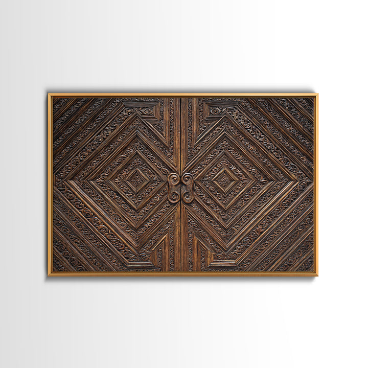 Geometric Carved Wood Door Canvas Print, Ornate Tribal Pattern Wall Art, Brown Rustic Home Decor, Unique Cultural Gift For Office