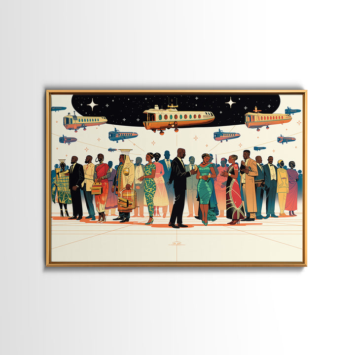 Afrofuturist Travel Crowd Wall Art, African American Art Print, Black Culture Poster, Modern Diaspora Home Decor Gift For Her