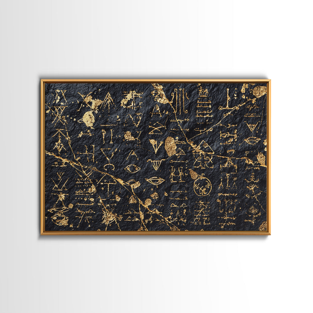 Gold Ancient Glyphs Wall Art, African Egyptian Art Print, Black Gold Canvas, Tribal Symbols Cultural Home Decor Gift Idea