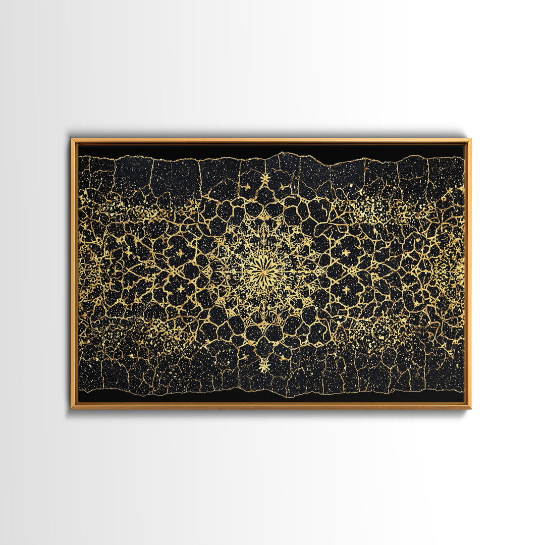 Black Gold Mandala Pattern Canvas Print, African Abstract Art, Luxury Geometric Wall Decor, Boho Home Decor Gift For Her