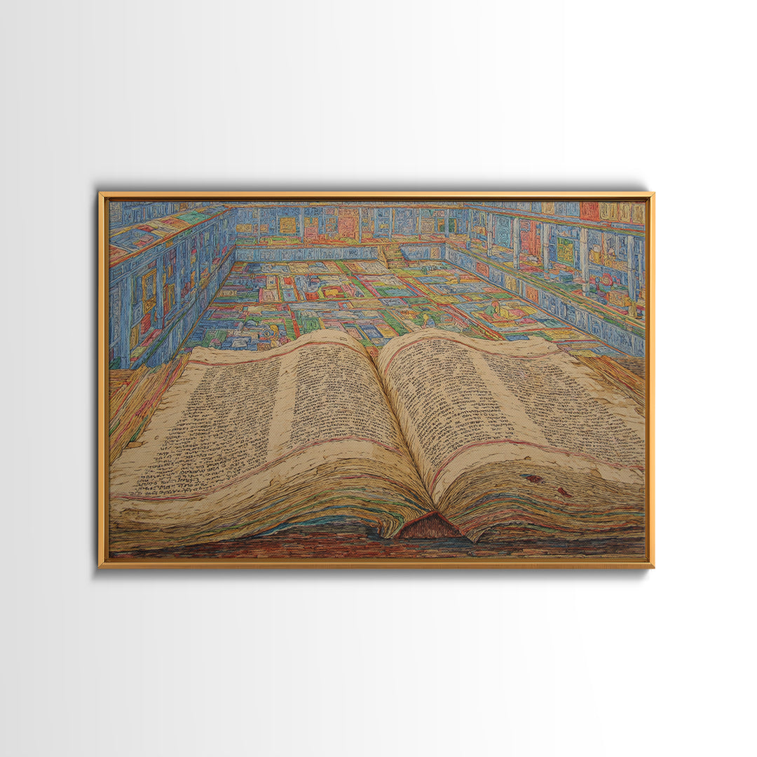 Ancient Open Book Library Wall Art, Scholarly Manuscript Canvas Print, Blue Office Decor, Literary Home Decor Gift For Reading Room