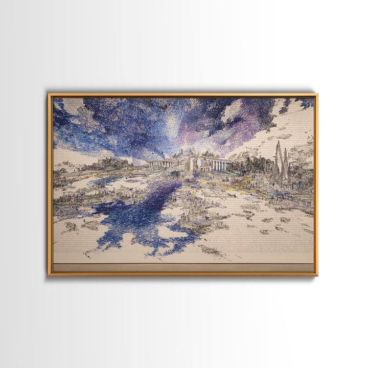 Blue River Ruins Landscape Wall Art, Classical Architecture Canvas Print, Dreamy Nature Scene, Elegant Office Home Decor Gift