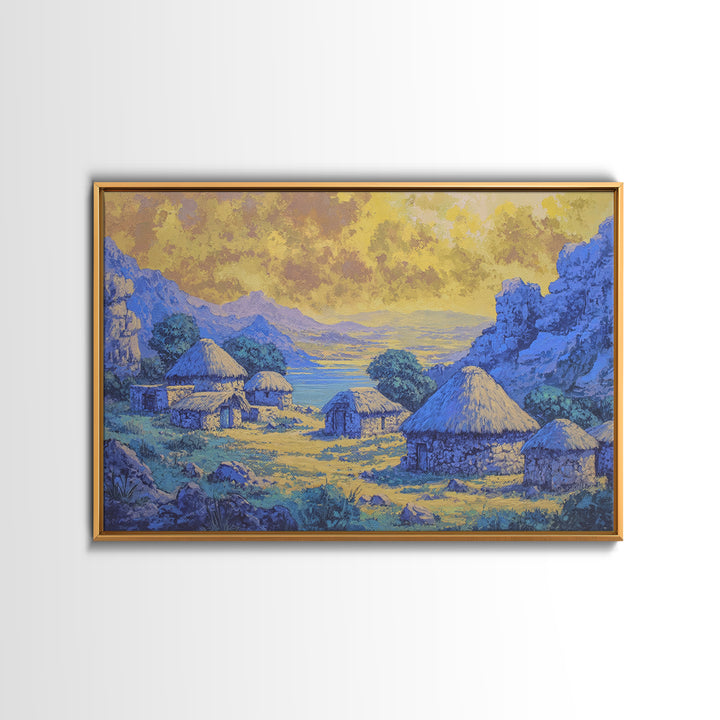 Blue African Village Landscape Wall Art, Thatched Hut Canvas Print, Motherland Nature Scene, Safari Home Decor Gift For Living Room