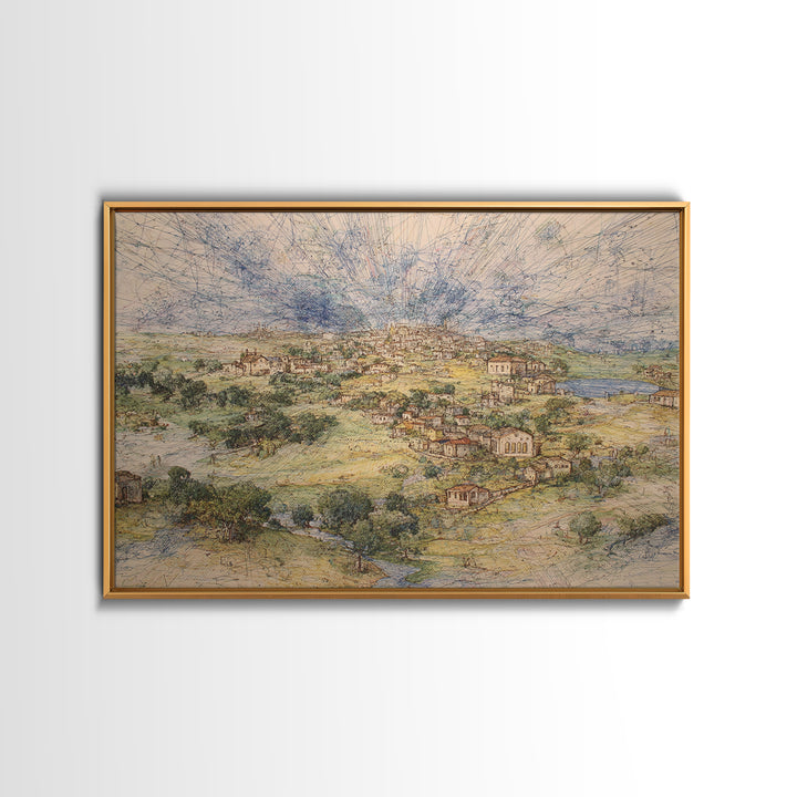 Radiant Rural Town Landscape Wall Art, Sunburst Countryside Canvas Print, African Inspired Decor, Elegant Home Decor Gift
