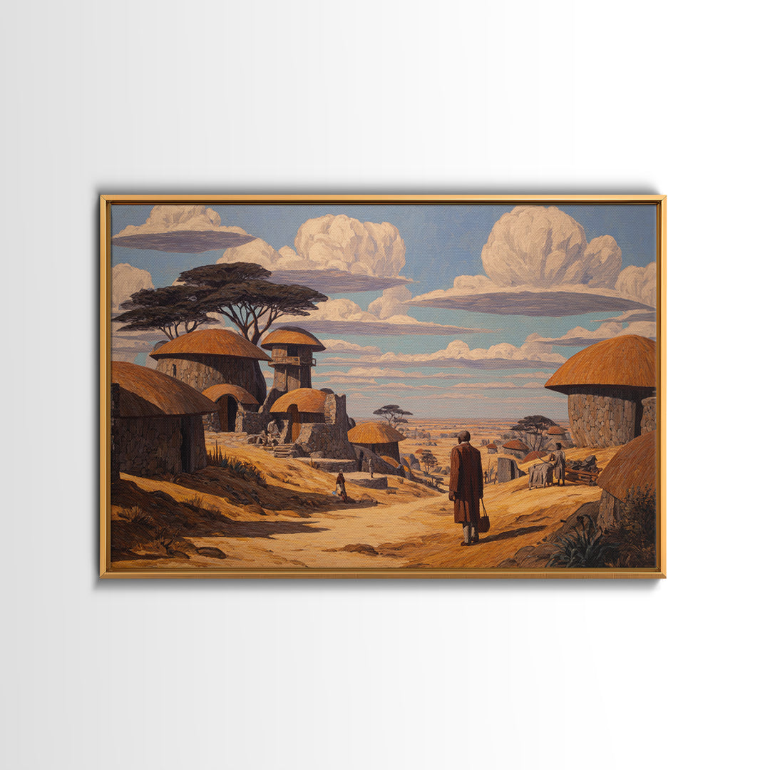 Thatched Village Path With Traveler Wall Art, African Landscape Canvas, Safari Hut Decor, Cultural Home Decor Gift For Living Room