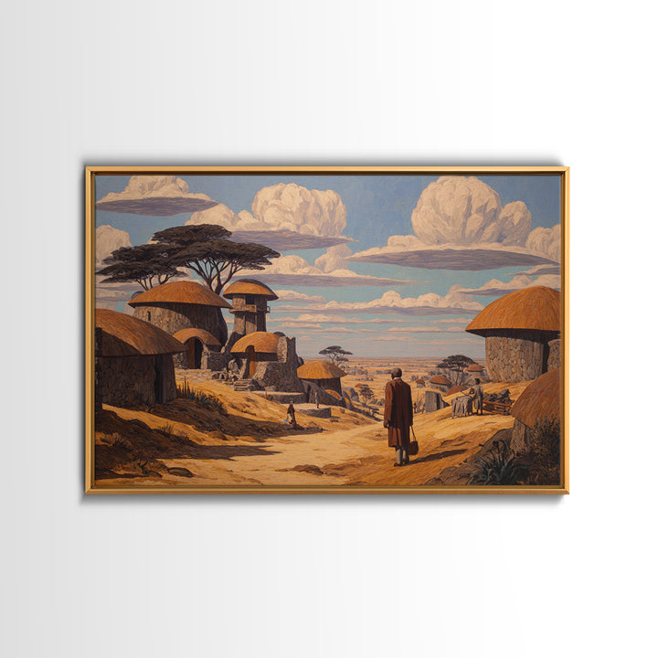 Thatched Village Path With Traveler Wall Art, African Landscape Canvas, Safari Hut Decor, Cultural Home Decor Gift For Living Room