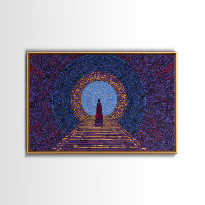 Red Robed Woman Before Blue Portal Framed Canvas Print, Mystical African Art, Spiritual Wall Decor For Meditation Room Gift